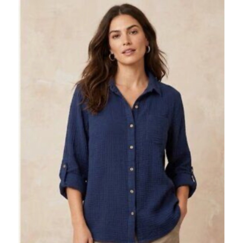 Anne Klein Women Navy Blue Button Down Shirt Small Gauze Cotton Long Sleeve